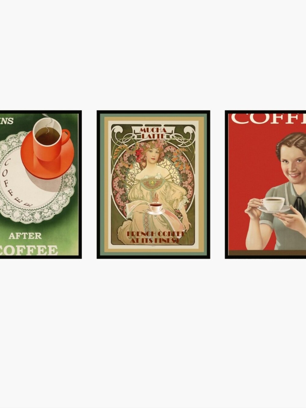 Vintage Coffee Art Print Trio - Green, Red, Beige 8.5x11